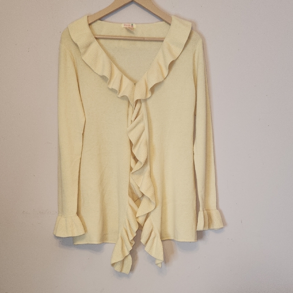PINK PINEAPPLE Cashmere Ruffled Cream Cardigan, size S/M